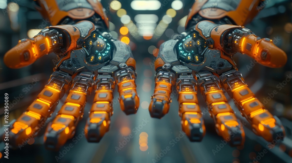 Aufkleber In the future, robots or cyborgs with artificial intelligence will control manipulator arms on factories and manufacturing plants. Industry 4.0. Robotics and technology are the future. Abstract HUD.