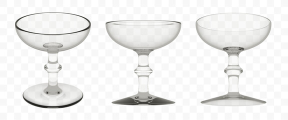 3D Realistic Empty Cocktail Glasses / Different Angle View / Isolated On Transparent Background