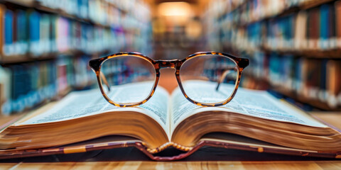 Open Book with Glasses in Library Setting - Focus on Education and Knowledge