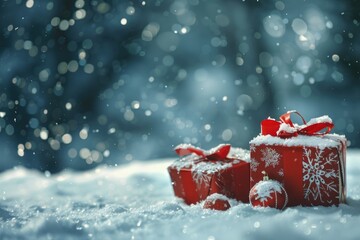 Two red gift boxes sitting on snow. Perfect for winter holiday themes