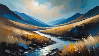 An artistic painting captures the tranquil essence of a river winding through a dramatic landscape under a serene sky.. AI Generation