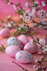 Naklejka na ściany i meble Colorful speckled eggs on a vibrant pink background. Perfect for Easter or spring-themed designs