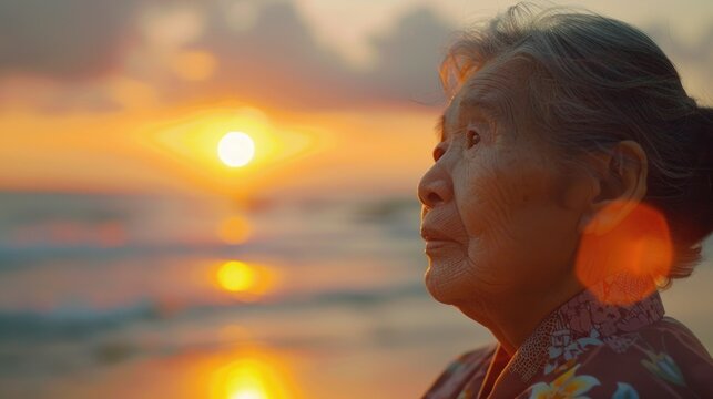 Serene image of an elderly woman enjoying sunset by the ocean. Ideal for travel and retirement concepts