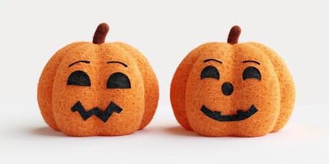 Two cute felt pumpkins with painted faces, perfect for Halloween decorations