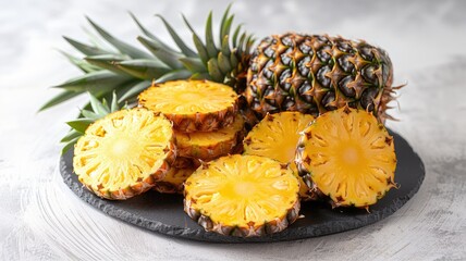a pineapple meticulously sliced and presented in isolation on a clean white backdrop