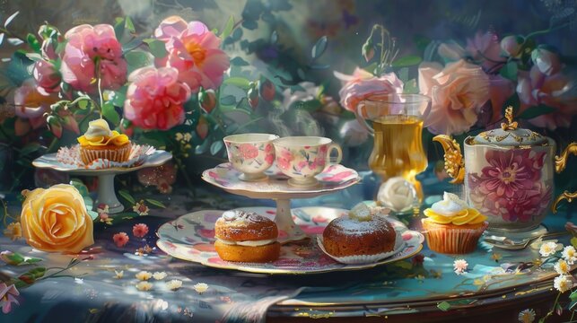 A painting of a table with cupcakes and tea cups. Suitable for bakery or tea party concepts