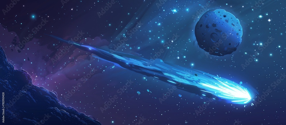 Poster a speeding blue comet dashes across the sky alongside a massive blue entity, creating a captivating 