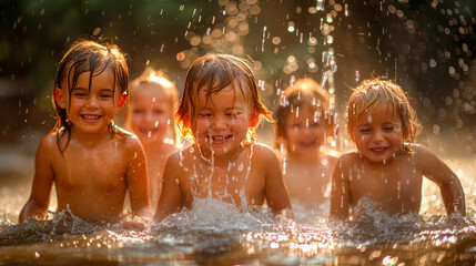 Summer happiness: children play in the sprinkler