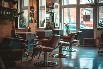 Fototapeta na wymiar AI-generated illustration of a vintage barber shop interior with brown chairs
