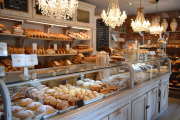 AI-generated illustration of assorted pastries showcased behind bakery counter glass - obrazy, fototapety, plakaty