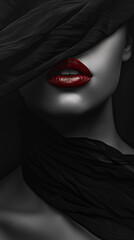 Portrait of a beautiful girl in a black veil with red lips, Black and white photo