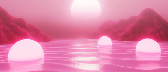 Surreal Pink Landscape with Luminous Spheres and Rising Sun