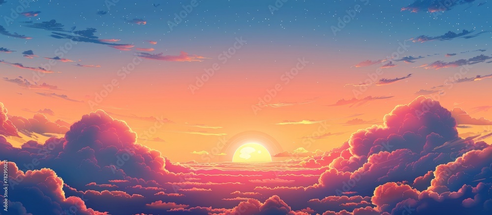 Poster sunset view capturing the colorful clouds and sun setting in the sky, creating a beautiful dusk pano