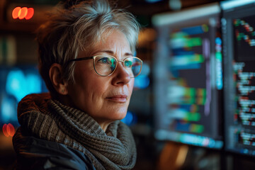 AI generated illustration of a woman gazes at multiple computer monitors in dim lighting - obrazy, fototapety, plakaty