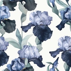 Elegant Blue Iris Flowers on Seamless White Background Pattern