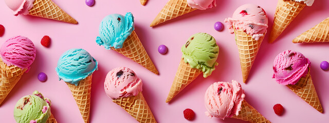 Various colorful ice creams in waffle cones. Sweet background