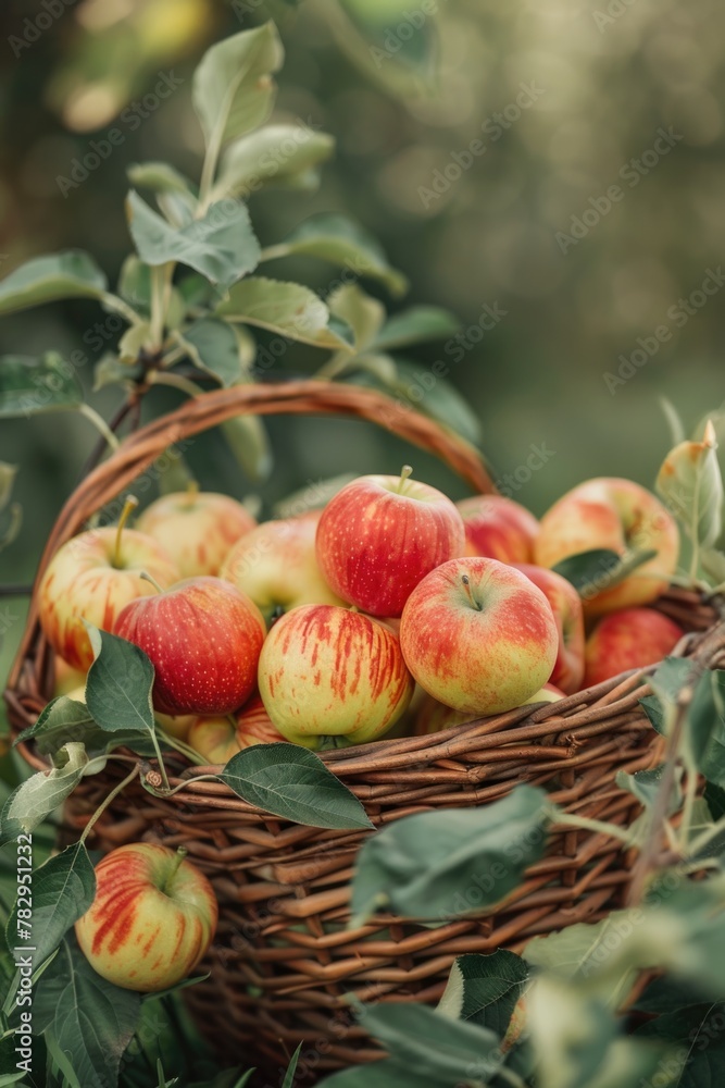 Poster a basket full of apples on a tree. suitable for food or nature concepts