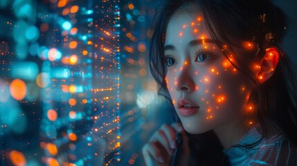Robot woman holding phone in hand as AI in image. Smart city on screen mobile smartphone communication with global internet and IOT. Artificial intelligence processing big data and cloud computing.