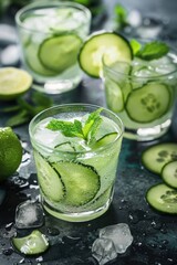 Cool and Fresh Cucumber Cocktail with Mint, Lime and Ice in Glasses for a Cold Drink Experience