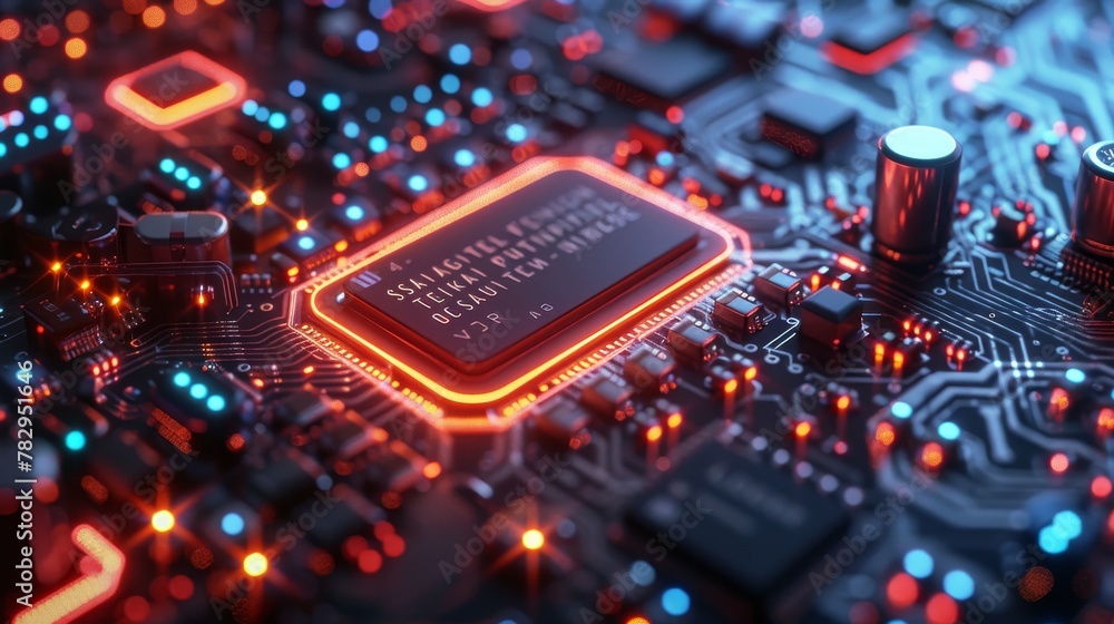 Fototapete Computer hardware and software technology background. Engineering, design and programming of microcontrollers and chips. Isometric elements of development.