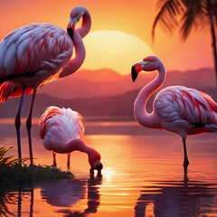 closeup of flamingos flock near lake beautiful scenic view of sunset, sharp detailed illustration wallpaper, generative AI