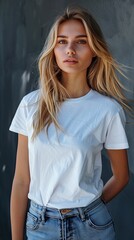 Casual Blonde Woman Posing in Simple White T-shirt