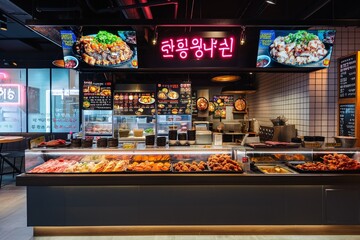 AI-generated illustration of a vast array of food items showcased in a Korean restaurant setting