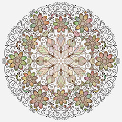 Vector hand drawn circular pattern with lacy floral mandala with colorful pastel flowers on white background