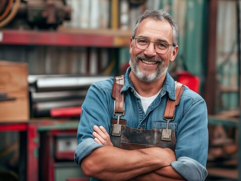 A smiling man in overalls standing in a workshop.