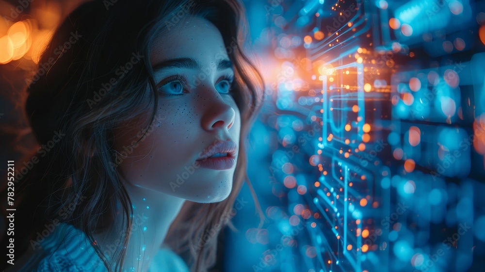Aufkleber robot woman standing on screen with phone in hand holding artificial intelligence. futuristic techno