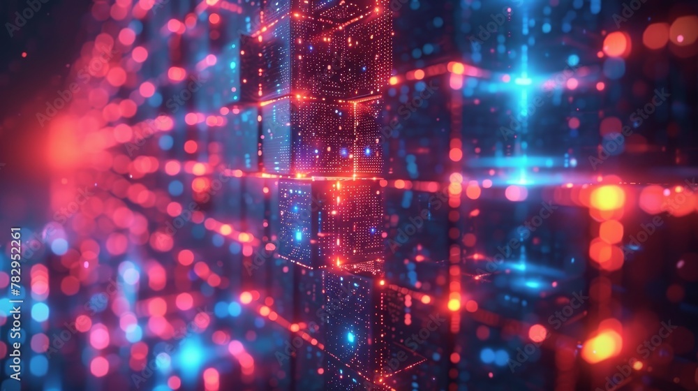 Poster The blockchain and fintech of crypto currency. Blockchain technology. Mine cryptocurrency in a concept of isometrics. A computer server in a network generates digital money. The future of financial