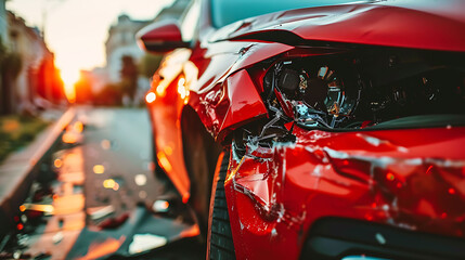 Closeup of the front end of a red car after an accident with visible damage and dents, a broken...