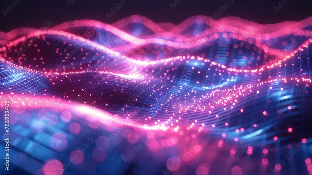 Poster Grid surface of glowing dots, particles in an isometric 3D grid. Abstract wave grid diagrams of flow digital information.