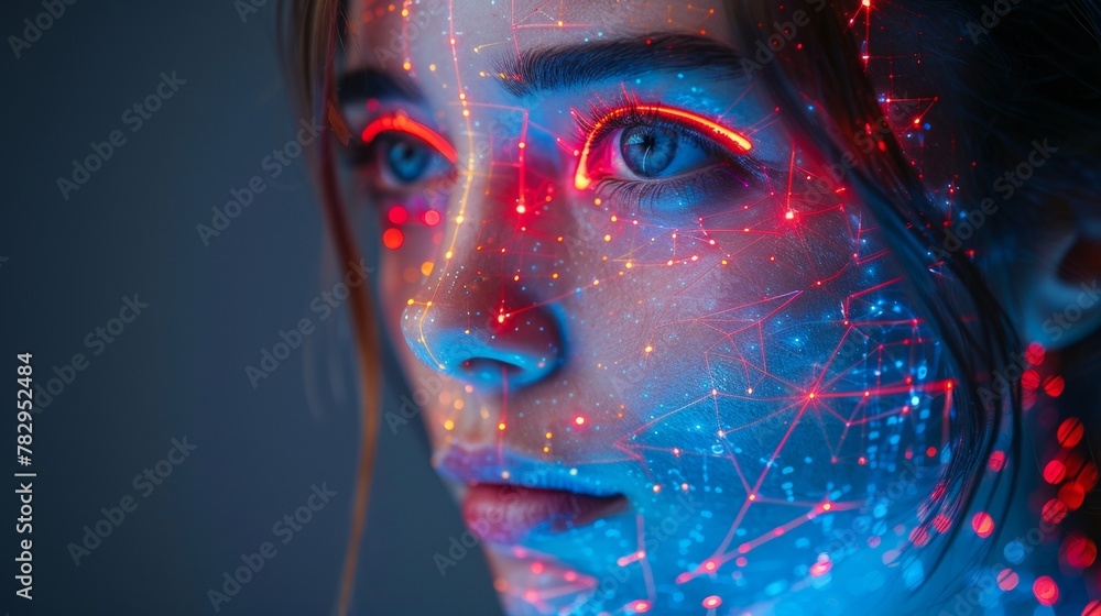 Poster Female Cyborg head with artificial neural networks brain. Neon cyberpunk word in 80th style. Female robot face with computer artificial intelligence. An electronic technology banner in an 80th