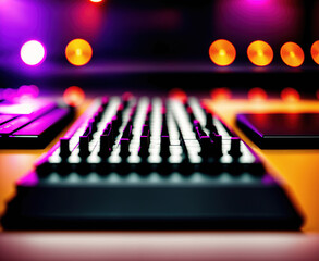 A computer keyboard and mouse on a desk in front of a blurred background. - Powered by Adobe