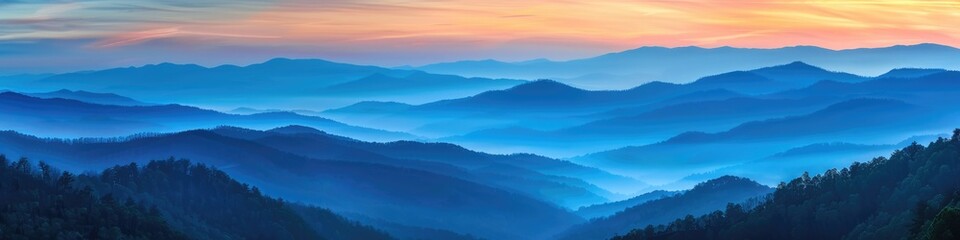 Obraz premium Great Smoky Mountain Sunset: Ridge and Foggy Blue Orange Country Scene