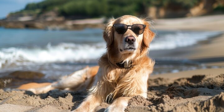 Golden Retriever Dog in Sunglasses Enjoying Beach Vacation and Surfing Waves