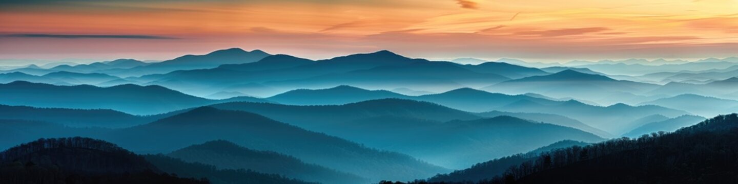Great Smoky Mountain Sunset: Blue and Orange Ridge Lines Amidst Foggy, Country Terrain