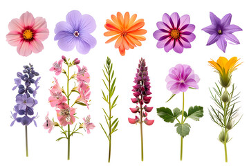 Fototapeta premium Realistic flowers collection top view isolated on white background
