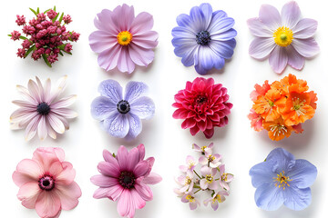 Realistic flowers collection top view isolated on white background