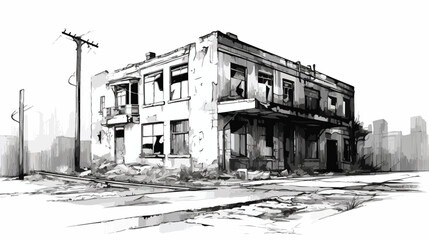 Art drawing black and white of abandoned building 