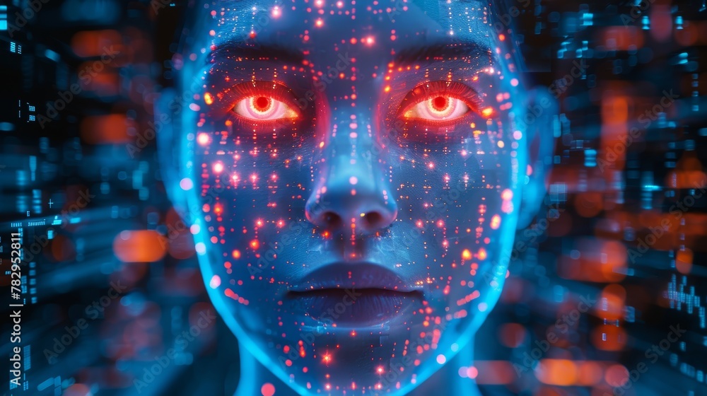 Poster A robotic head hovers over a podium in virtual cyberspace. Humanoid face of mechanical cyborg with electronic brain. Neural network. Supercomputer. 3D rendering. Artificial intelligence.