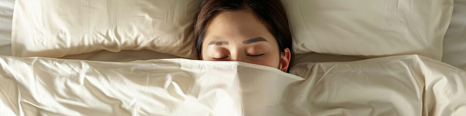 Peaceful Sleep in a Cozy Bed: Woman Enjoying Restful Slumber - obrazy, fototapety, plakaty