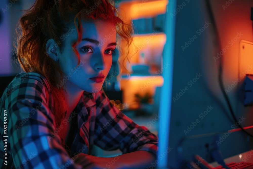 Poster a woman sitting in front of a laptop computer. suitable for technology and remote work concepts