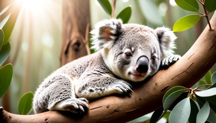 A serene koala enjoys a peaceful rest on a tree branch amidst lush foliage, highlighted by a warm sunlight filtering through the leaves.. AI Generation. AI Generation - obrazy, fototapety, plakaty