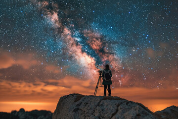 An astronomer peers through a telescope, the Milky Way a dazzling backdrop, in a moment of solitude and discovery.