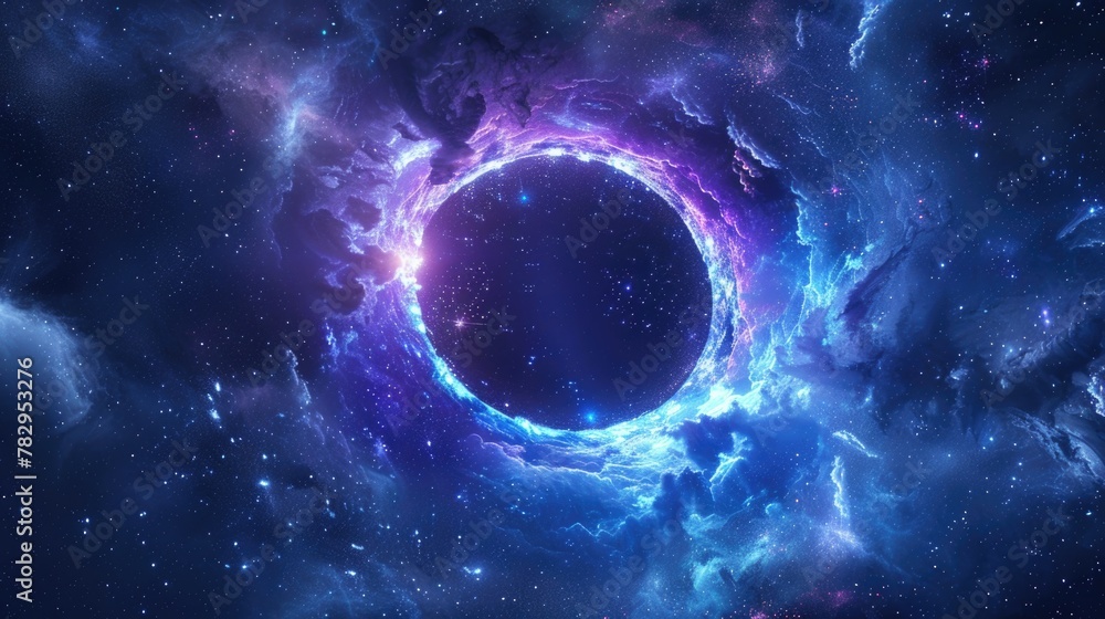 Poster Image of a black hole in the middle of a galaxy. Suitable for science and astronomy concepts