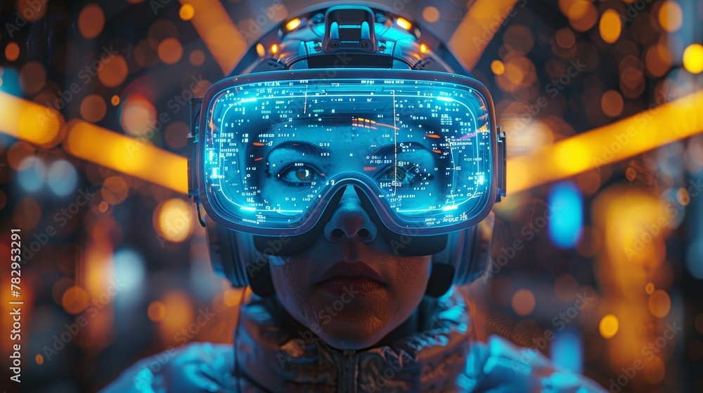 Aufkleber Video computer gamer in cyberspace wearing VR AR 3D headset in virtual reality simulation in metaverse. Concept of virtual reality simulation in metaverse. Commercial entertainment with digital