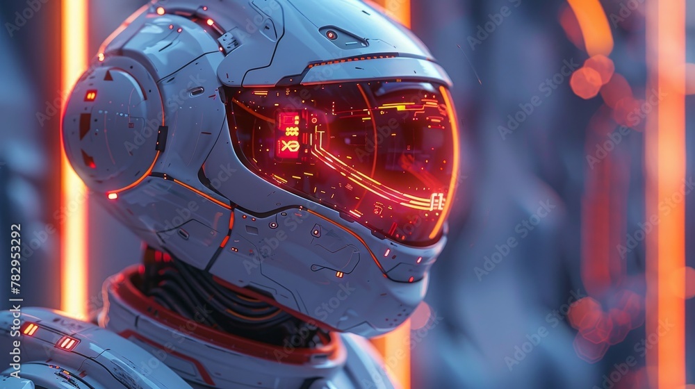 Aufkleber A robot or cyborg looks at a virtual HUD interface. Artificial intelligence concept. 3d rendering of text and picture in an electronic computer style.