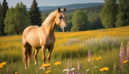A-Golden-Horse-Standing-Amidst-A-Field-Of-Wildflow-